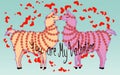 Two lovers, kissing llamas surrounded by hearts. Love is in the air. Inscription You are my Valentine, postcard Royalty Free Stock Photo