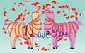 Two lovers, kissing llamas surrounded by hearts. Love is in the air. Inscription I love you, postcard, Valentine's day Royalty Free Stock Photo