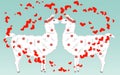 Two lovers kissing llamas surrounded by hearts. Love in the air, postcard to the day of Saint Valentine Royalty Free Stock Photo