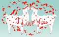 Two lovers, kissing llamas surrounded by hearts. Love is in the air. Inscription I love you, postcard, Valentine's day Royalty Free Stock Photo