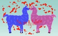 Two lovers, kissing llamas surrounded by hearts. Love is in the air. Inscription You are my Valentine, postcard Royalty Free Stock Photo