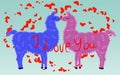 Two lovers, kissing llamas surrounded by hearts. Love is in the air. Inscription I love you, postcard, Valentine's day Royalty Free Stock Photo