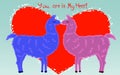 Two lovers, kissing llamas surrounded by hearts. Love is in the air. Inscription You in my heart, postcard, Valentine's Royalty Free Stock Photo