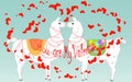 Two lovers, kissing llamas surrounded by hearts. Love is in the air. Inscription You are my Valentine, postcard Royalty Free Stock Photo