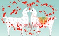 Two lovers, kissing llamas surrounded by hearts. Love is in the air. Inscription You are my Valentine, postcard Royalty Free Stock Photo