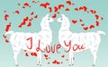 Two lovers, kissing llamas surrounded by hearts. Love is in the air. Inscription I love you, postcard, Valentine's day Royalty Free Stock Photo