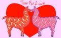 Two lovers, kissing llamas surrounded by hearts. Love is in the air. Valentine\'s day Royalty Free Stock Photo