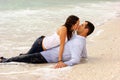 Two lovers kissing at waters edge