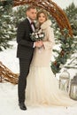 Two lovers, a man and a woman, a wedding in winter. bride and groom love. against the backdrop of decor and trees, snow. holding a Royalty Free Stock Photo