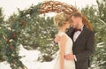 Two lovers, a man and a woman, a wedding in winter. bride and groom love. against the backdrop of decor and trees, snow. holding a Royalty Free Stock Photo