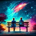 Two lovers sitting on a bench in the park. Night sky with stars AI generated