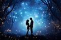 Silhouette view of a lovely couple standing in magical fantasy forest with surrounding trees and flowing light dots. AI generated.