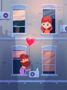 Two lovers talking oby opening window in an apartment. Vector cute illustration.