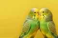 Two lovesick wavy green parrots are sitting together. Generative AI, generative artificial intelligence