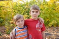 Two loving brothers are hugging in the park on a background of autumn leaves Royalty Free Stock Photo