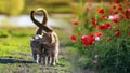 Two loving cats walk among the poppy flowers in Sunny summer garden