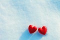 Two Hearts in the Snow. Love, Valentine`s Day Royalty Free Stock Photo