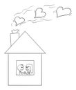 Two Loving People or Couple Feeling Love in Home or House, Vector Cartoon Stick Figure Illustration Royalty Free Stock Photo