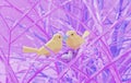 Two low poly yellow birds sitting on a branch with nest in fairy forest, male feeds female with butterfly