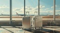 two luggage pieces at an airport, styled with a smooth and shiny finish, set against a landscape-focused backdrop Royalty Free Stock Photo