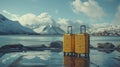 two luggage pieces at an airport, styled with a smooth and shiny finish, set against a landscape-focused backdrop Royalty Free Stock Photo