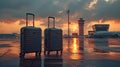 two luggage pieces at an airport, styled with a smooth and shiny finish, set against a landscape-focused backdrop Royalty Free Stock Photo