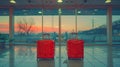 two luggage pieces at an airport, styled with a smooth and shiny finish, set against a landscape-focused backdrop Royalty Free Stock Photo