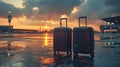 two luggage pieces at an airport, styled with a smooth and shiny finish, set against a landscape-focused backdrop Royalty Free Stock Photo