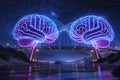 Two luminous brains connected by futuristic network over a reflective waterway Royalty Free Stock Photo
