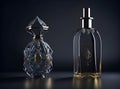 Two luxurious antique elegant crystal glass perfume cologne bottle with empty label in gold and silver color. Generative AI Royalty Free Stock Photo