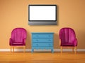 Two luxurious chairs with blue bedside and lcd tv