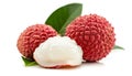 Two lychees that are ripe, accompanied by green leaves, are isolated on a white background Royalty Free Stock Photo