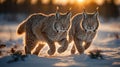 Two Majestic Lynx Strolling Through a Snowy Winter Landscape at Sunset Royalty Free Stock Photo