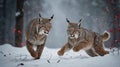 Two Eurasian Lynxes Running in Snowy Winter Forest Royalty Free Stock Photo