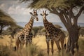 Two Maasai giraffe, male and female, grazing from an acacia tree in the Masai Mara, Kenya