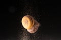 Two macaroons levitate with cocoa powder on a black background