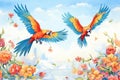 two macaws soaring in unison over tropical blooms Royalty Free Stock Photo