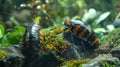 Two Madagascar hissing cockroaches in a terrarium. Insects on a mossy log in a naturalistic habitat. Concept of exotic Royalty Free Stock Photo