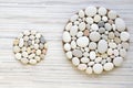 Two magic stone circles shape on white and grey stripped background, light pebbles, mandalas made of stones