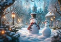 two happy snowmen in a snow covered winter garden with glowing lights