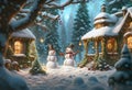 two happy snowmen in a snow covered winter garden with glowing lights