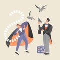 Two magicians show tricks with cards and birds Royalty Free Stock Photo