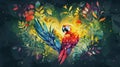 Two magnificent colorful macaw parrots in a tropical watercolor composition, with palm leaves and exotic flowers. A vibrant