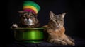 Two Maine Coon cats in a green hat and a green pot on a black background. St. Patrick day concept. Royalty Free Stock Photo