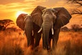 Two majestic elephants standing in the vast African savanna, generated by ai