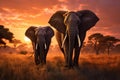 Two majestic elephants standing in the vast African savanna, generated by ai