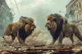 Two Majestic Lions in Dramatic Urban Showdown amidst Dust and Ruin Royalty Free Stock Photo