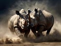 Two majestic male rhinoceroses charging towards each other in a dramatic confrontation