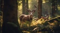 Two stag in the forest during a rut season, staring at camera