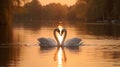 Two majestic white swans forming heart. Love swans heart at sunset.